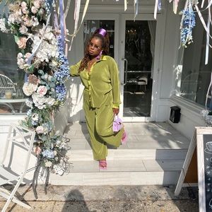 Pleated two piece pants set with button up shirt blouse